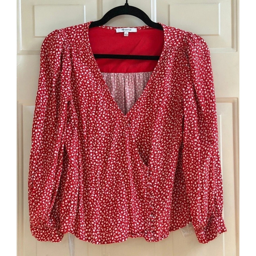 Madewell Kinston Side-Button Wrap Top Park Picnic Red Floral Blouse Ditsy Boho